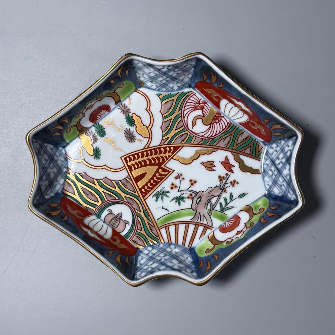 古伊万里風　冨貴長春　色絵鶴亀松竹梅文変形皿　五客　料理屋　古器を楽しむ
