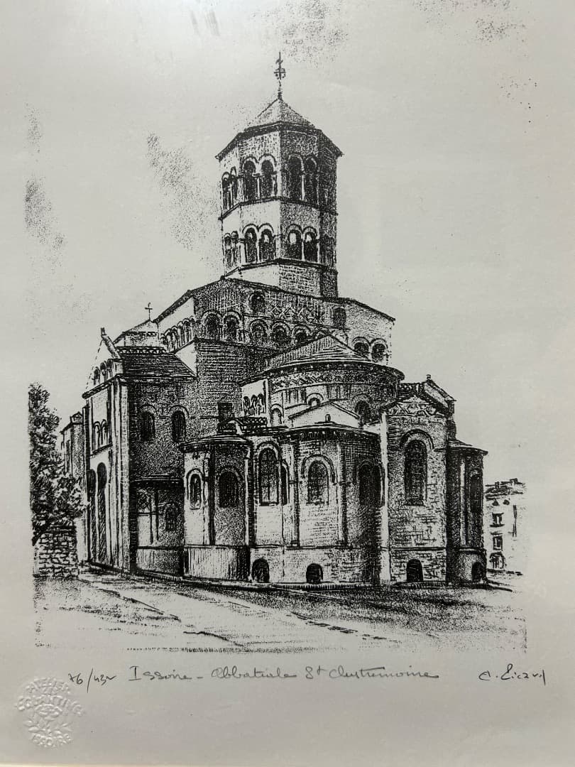 フランス イソワールの教会風景 (版画)