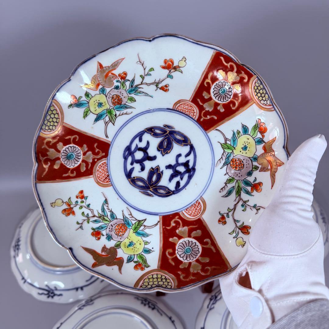 古伊万里　色絵三方柘榴鳥文様七寸皿　8枚　直径21.8㎝　料理屋　古器を楽しむ
