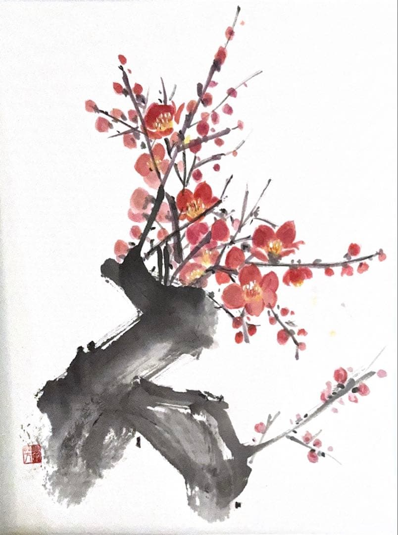 【古口翠芳/Suihou Koguchi】墨彩画　梅　オリジナル　木製額縁付き