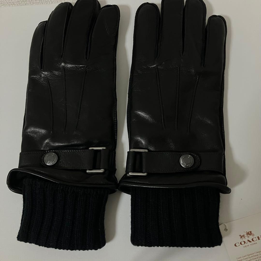 【タグ付き新品】COACH コーチ 羊革メンズ レザー手袋 カシミヤ混 黒