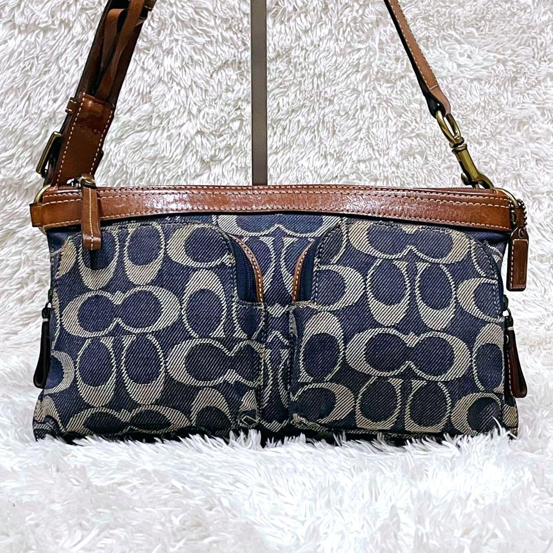 極美品 コーチ ワンショルダー バッグ シグネチャー デニム レザー ネイビー