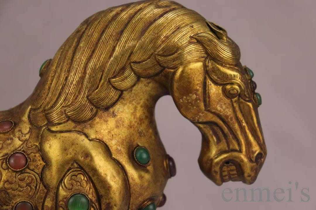 中国古美術 旧蔵 鍍金銅馬 精銅製 鍍金装飾 彫刻馬像 置物 純手作り 古美味