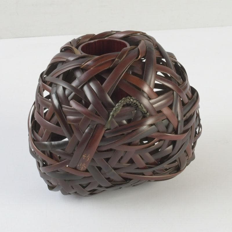 茶道具　竹峰造　古竹細工　鳳尾竹　掛花籠　竹籠　共箱　V　9784