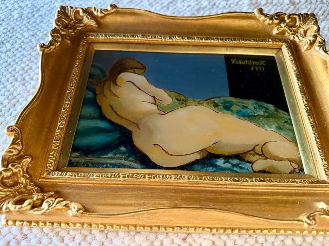 小出泰弘 裸婦 1971年 ガラス絵 原画 額装付 中古