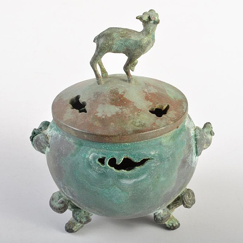 平安　秦蔵六造　青銅　鹿摘　霊芝三つ足香炉　共箱　M　R7402