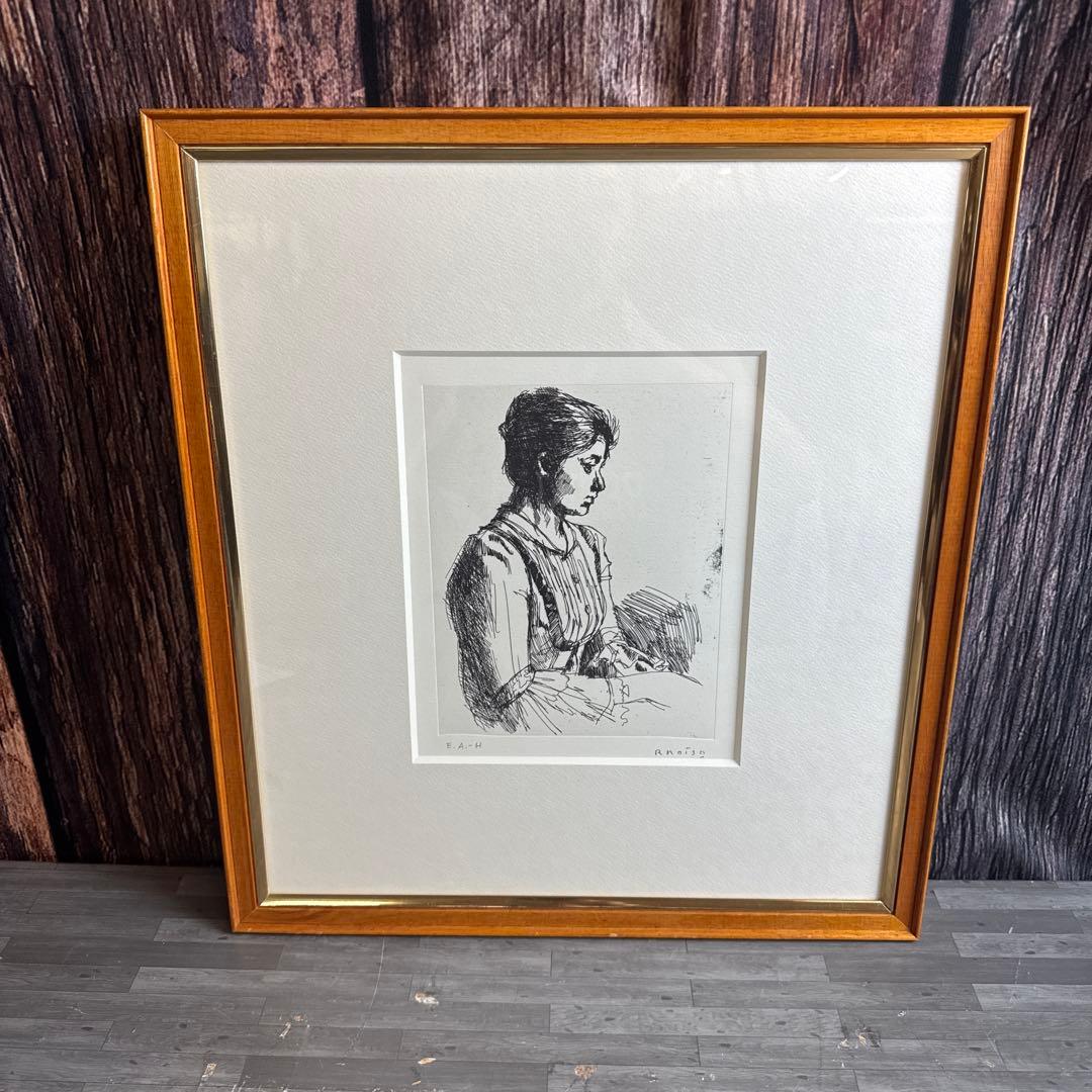 小磯良平 複製画 1978制作 若い女 エッチング サイン 額装