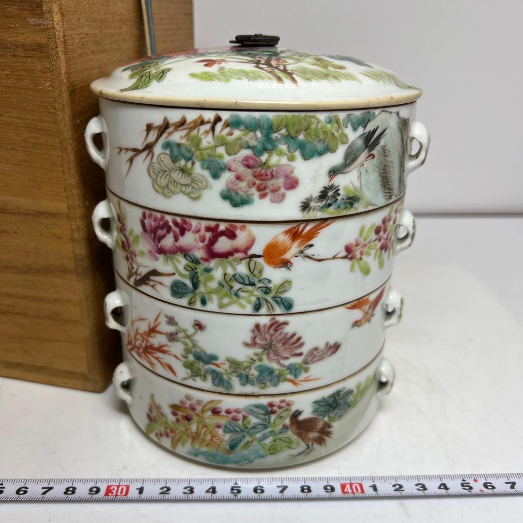 中国清時代　粉彩　四段重　高さ約18㎝　木箱付　トコオ　東さ8-0126☆2F