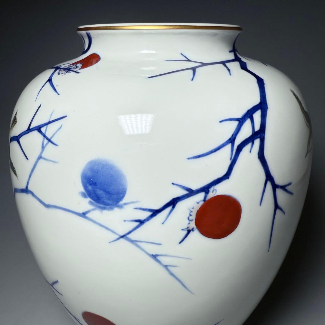 オールド深川製磁　錦手　柿鳥図花瓶　高さ24cm　オブジェ　インテリア