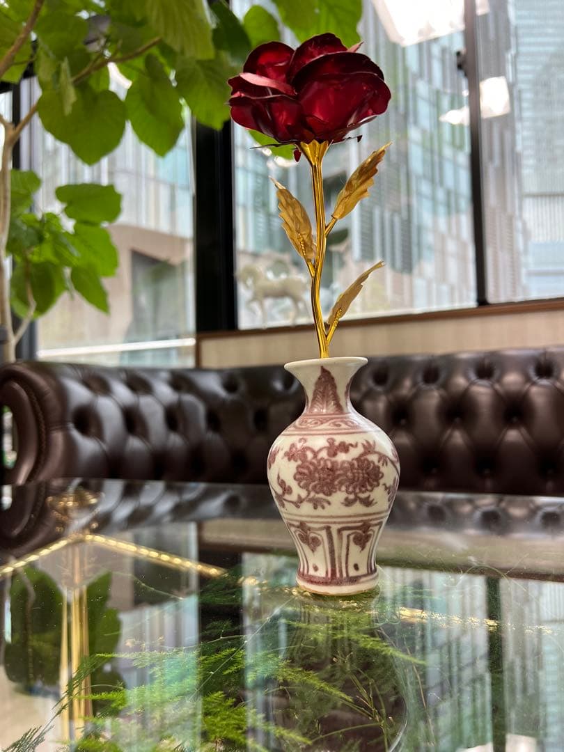 中国元釉里紅梅瓶　本物骨董 古美術品　コレクション唐物　江戸　青磁アンティーク