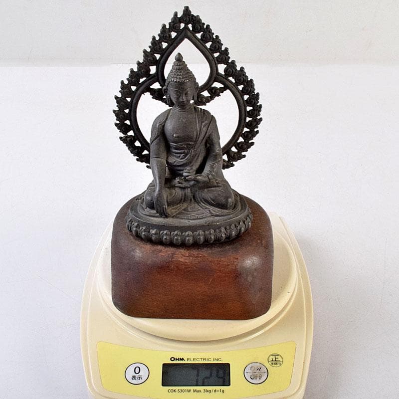 中国　古銅　チベット仏　仏像　置物　木製台座付　M　R9063
