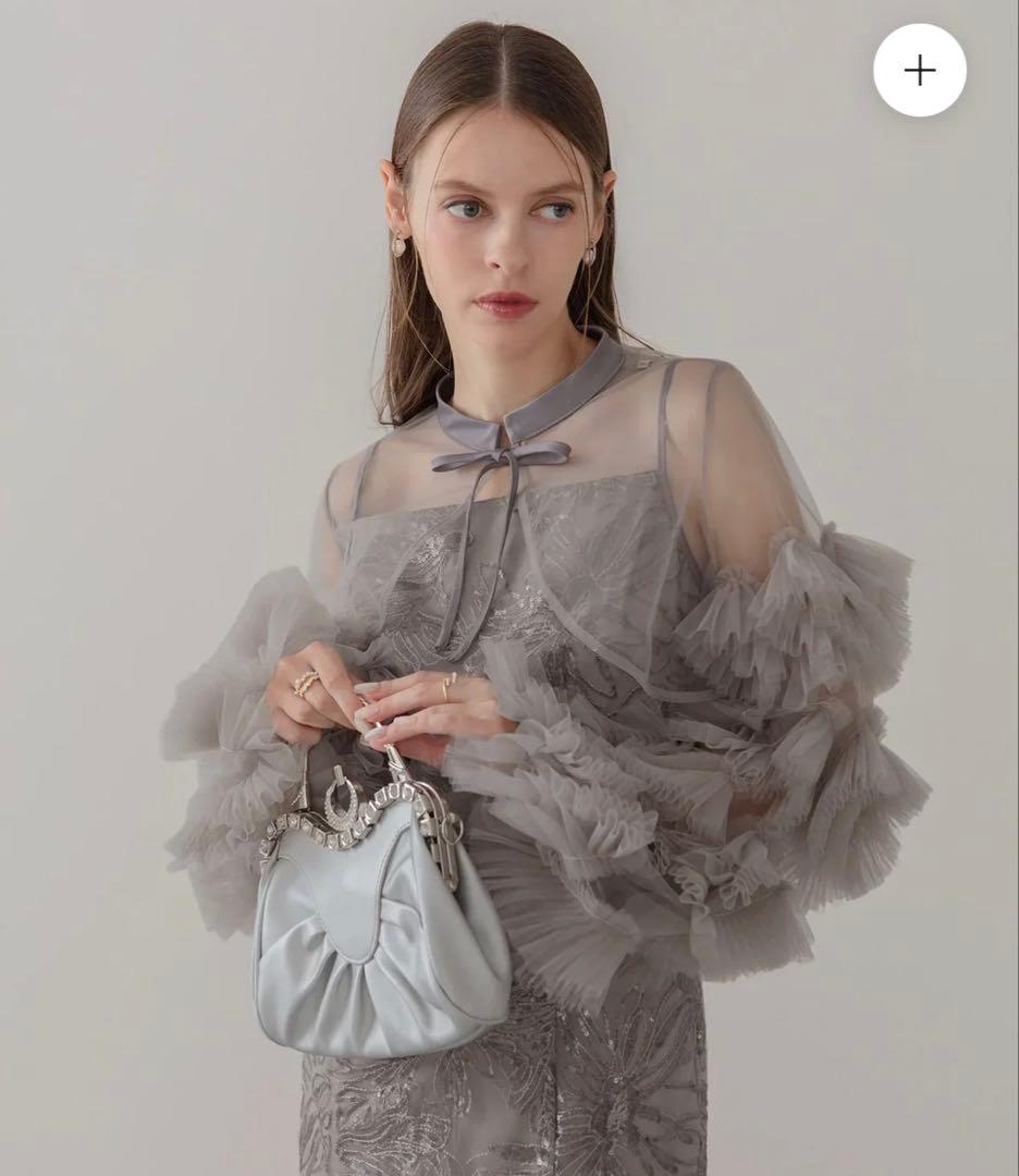 【Leja】フリルチュールスリーブリボン lラインワンピースドレス　新品