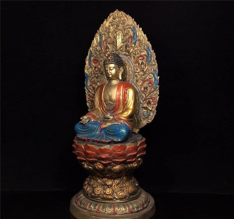 釈迦牟尼蓮華座仏像を彩色しました 精密彫刻 銅製 置物 開運 厄除け 工芸品