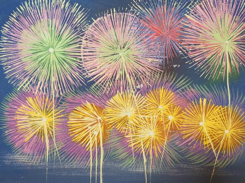 風景画　油絵　山下清　花火　F6　額付き　手描き　肉筆