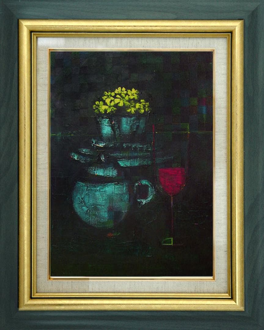 油絵 菅家令子絵 絵画インテリア額付(白) uF6-063404 静物花グラス器