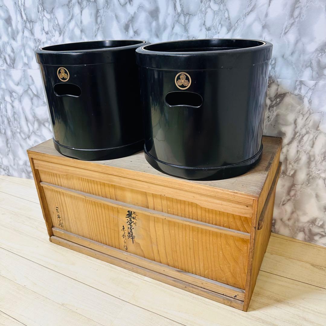 黒色火鉢枠　 2個セット　漆器　豊臣秀吉家紋　アンティーク　骨董品　木箱限定値引