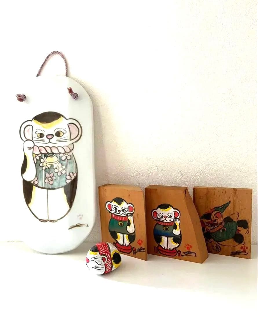 [超希少品]尾道「猫の細道」招き猫 木札、陶板、福石猫5点セット