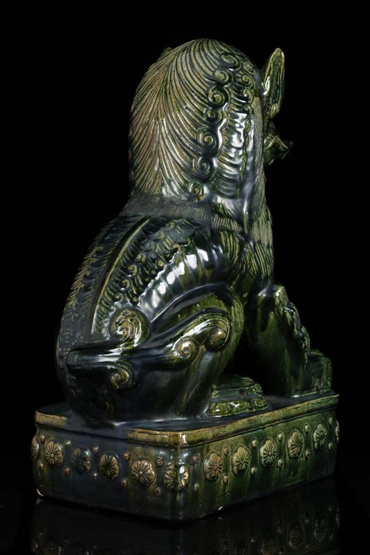 中国古玩 緑釉 獅子像 狛犬 フー犬 フードッグ 古陶磁器 大型62㎝ 古美術