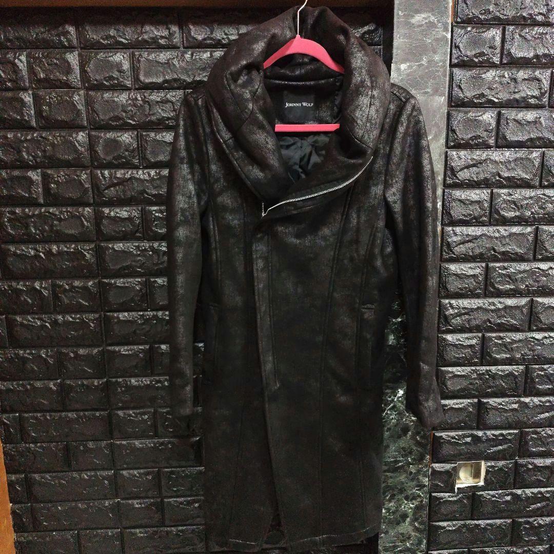美品　JOHNNY WOLF　豹柄　BIGフーデッドロングライダースコート