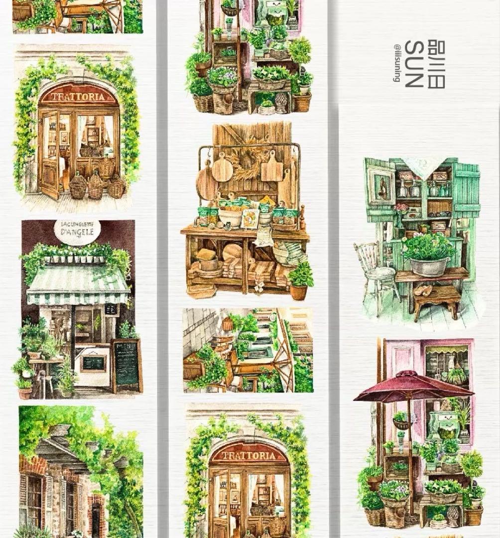 【8896】海外　マステ　3/5/巻　PETマスキングテープ　お店　街景色　植物