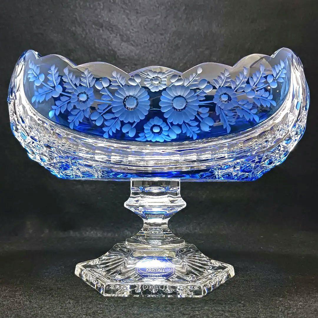 Y2225-1 ドイツ製 ドレスデンクリスタル コンポート ブルー