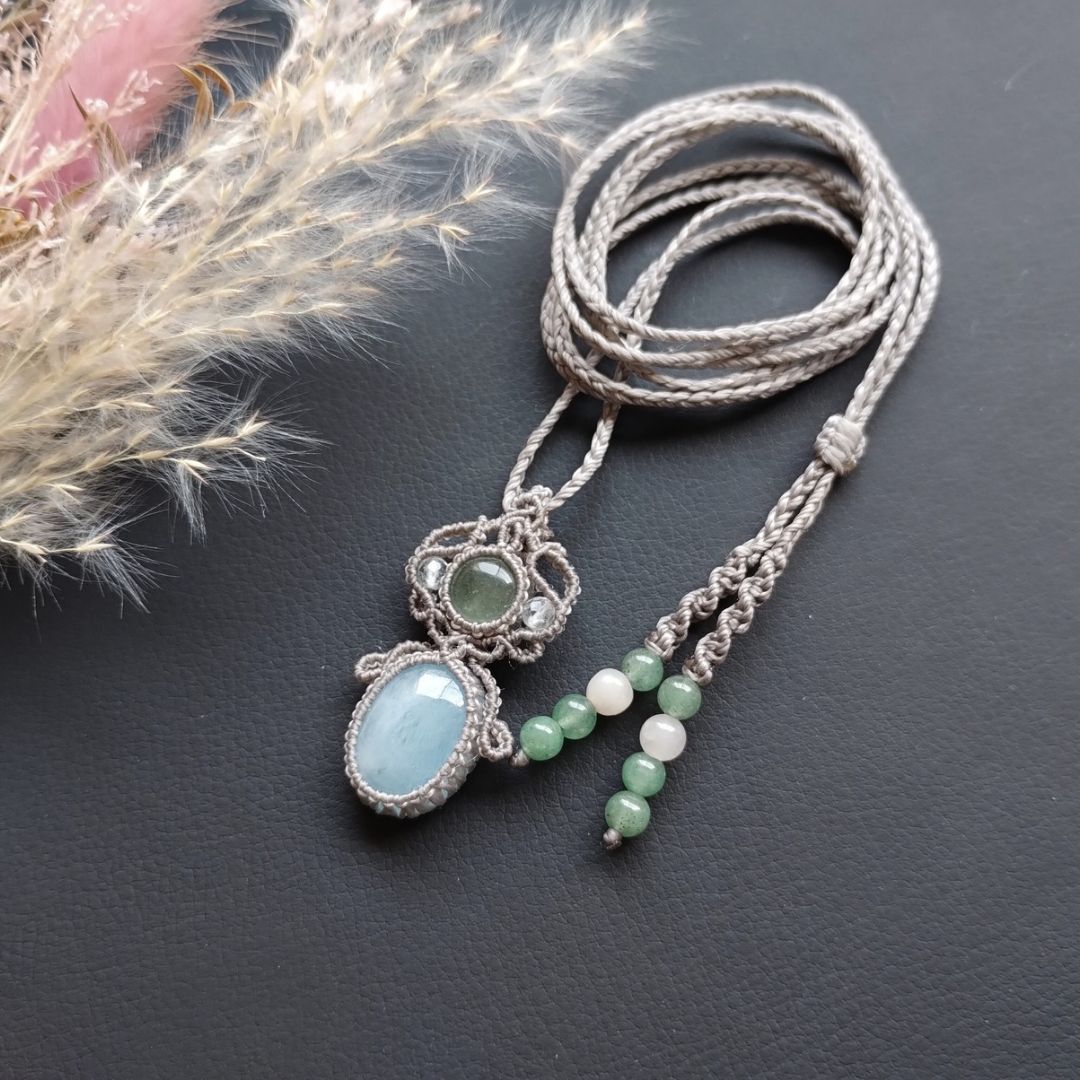 【特別価格】ストロベリークォーツ＆クンツァイトのマクラメ編みネックレス　天然石他