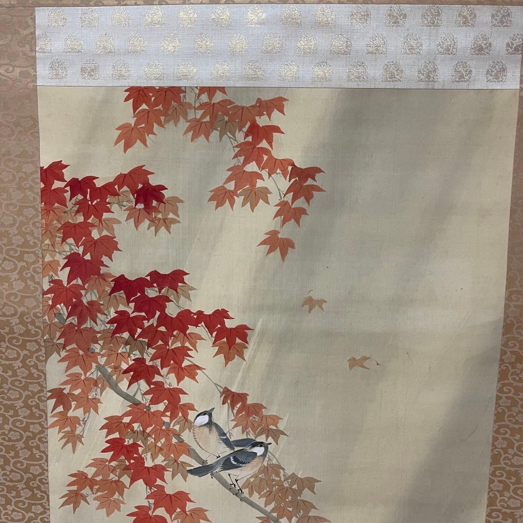 掛け軸 岸竹堂 真作 紅葉小禽 絹本 百八拾六号 共箱 二重箱入
