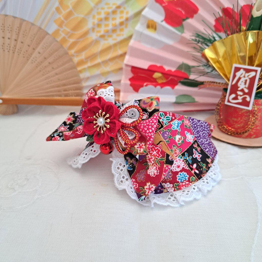 お正月仕様和風つまみ細工(赤④)わんちゃん猫ちゃん用襟つき首輪