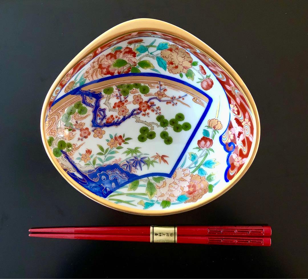 【新品・未使用】波佐見焼 林九郎窯 金彩貝型盛皿 扇割松竹梅 古伊万里 染錦