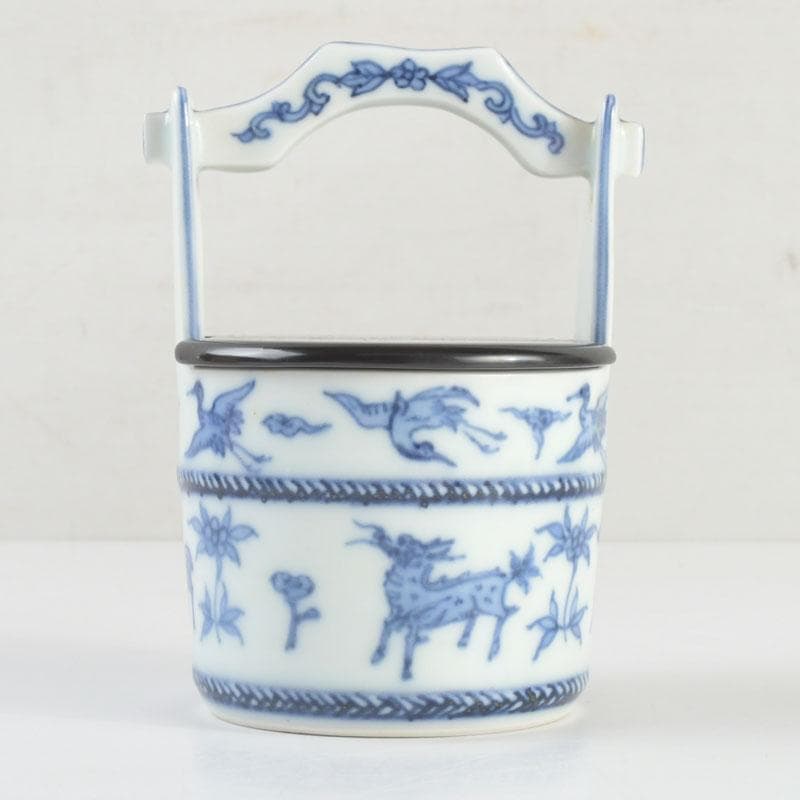 茶道具　平安和峰作　染付　花草神獣文　手桶茶入　共箱　V　9485