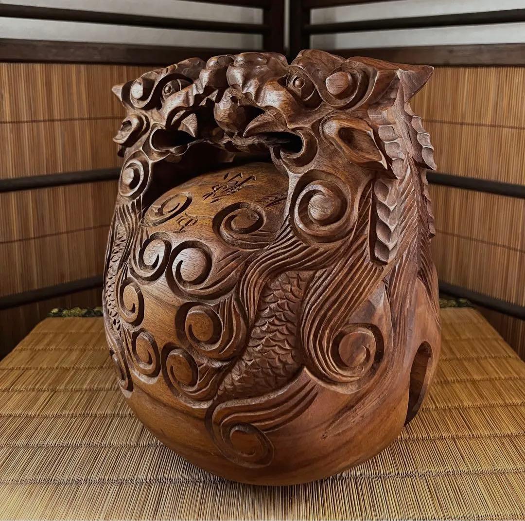 仏教美術 上級 細密 古木 龍彫り 玉鱗 職人手彫り 時代 木魚 本体