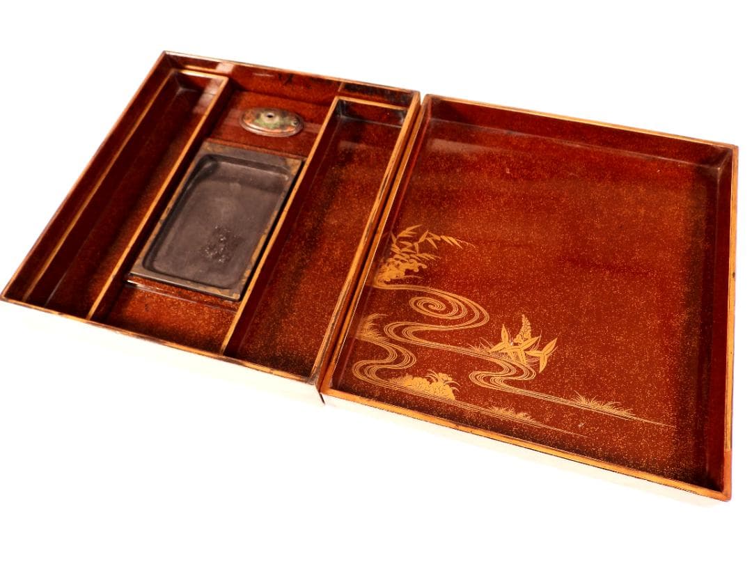時代漆器 内金梨地 夜桜金蒔絵 硯箱一式 水滴/硯/書道具 筆墨紙硯