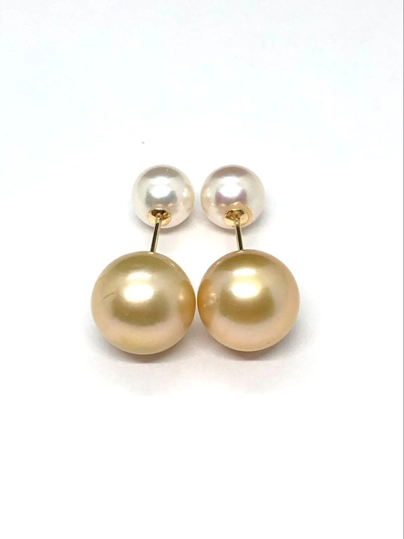 ゴールデンパールあこやダブルパールデザイン スタッドk18ピアス