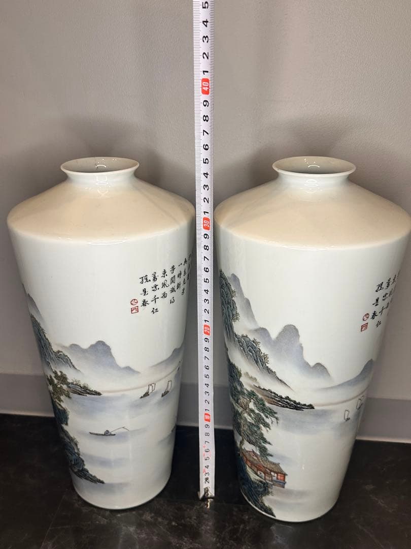 最終価格　中国 大きめ花瓶一対 山水人物図 詩文あり 養和堂製　コレクション