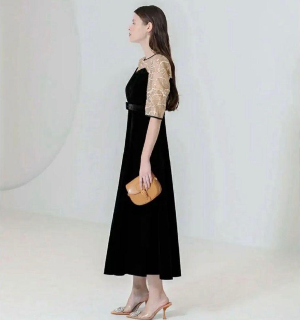 Leja オケージョンドレス　ベロア　ウエストベルト付 花柄レース　キラキラ刺繍