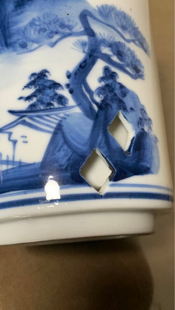 アンティーク シノワズリ　中国清朝中期　　白磁染付　透かし彫り　青花　筆立