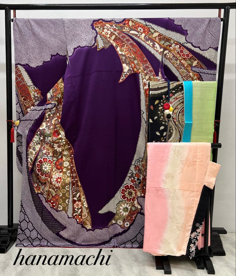 振り袖　フルセット　長襦袢　成人式　金彩加工　絞り　熨斗目　長尺袋帯　734