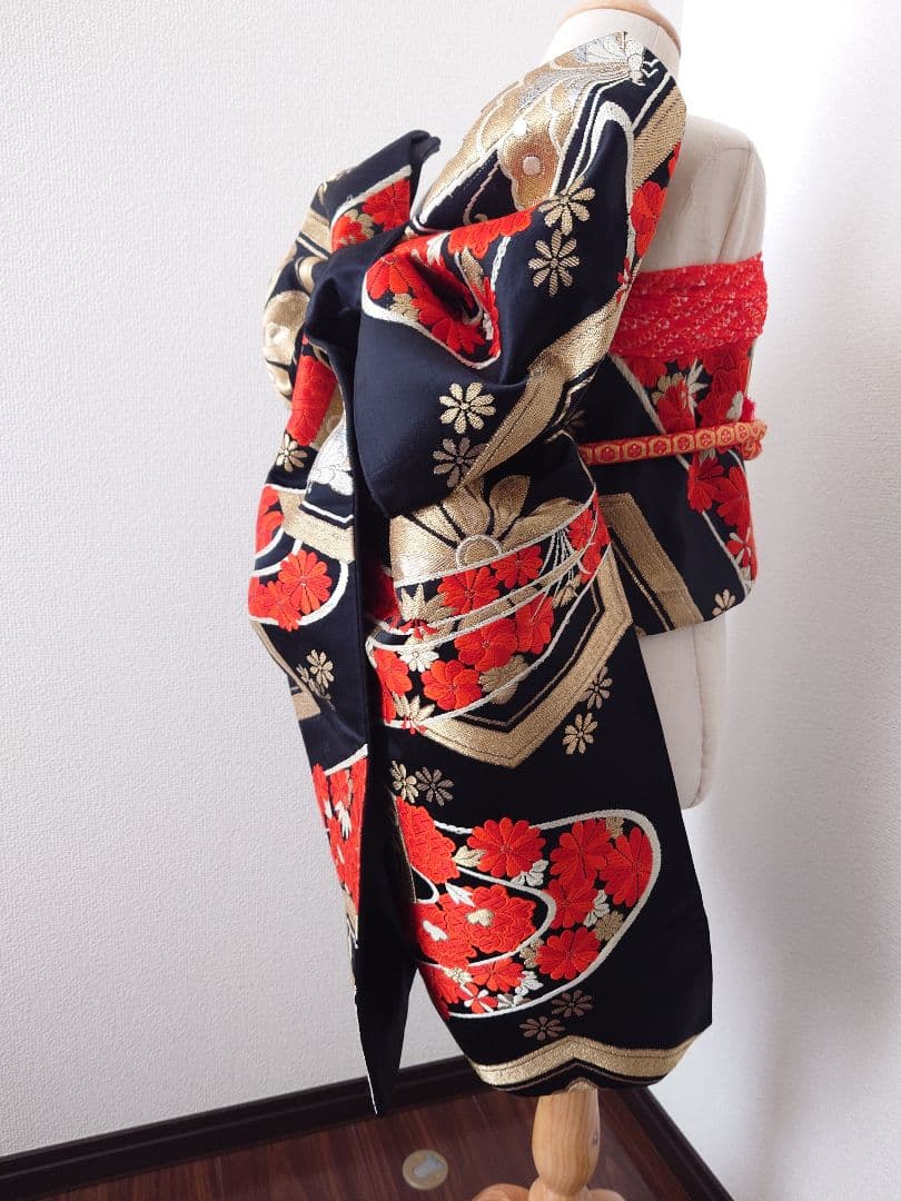 七五三　ジュニア帯　大人用正絹袋帯からの作り帯　1点物　だらり帯　蝶柄　黒