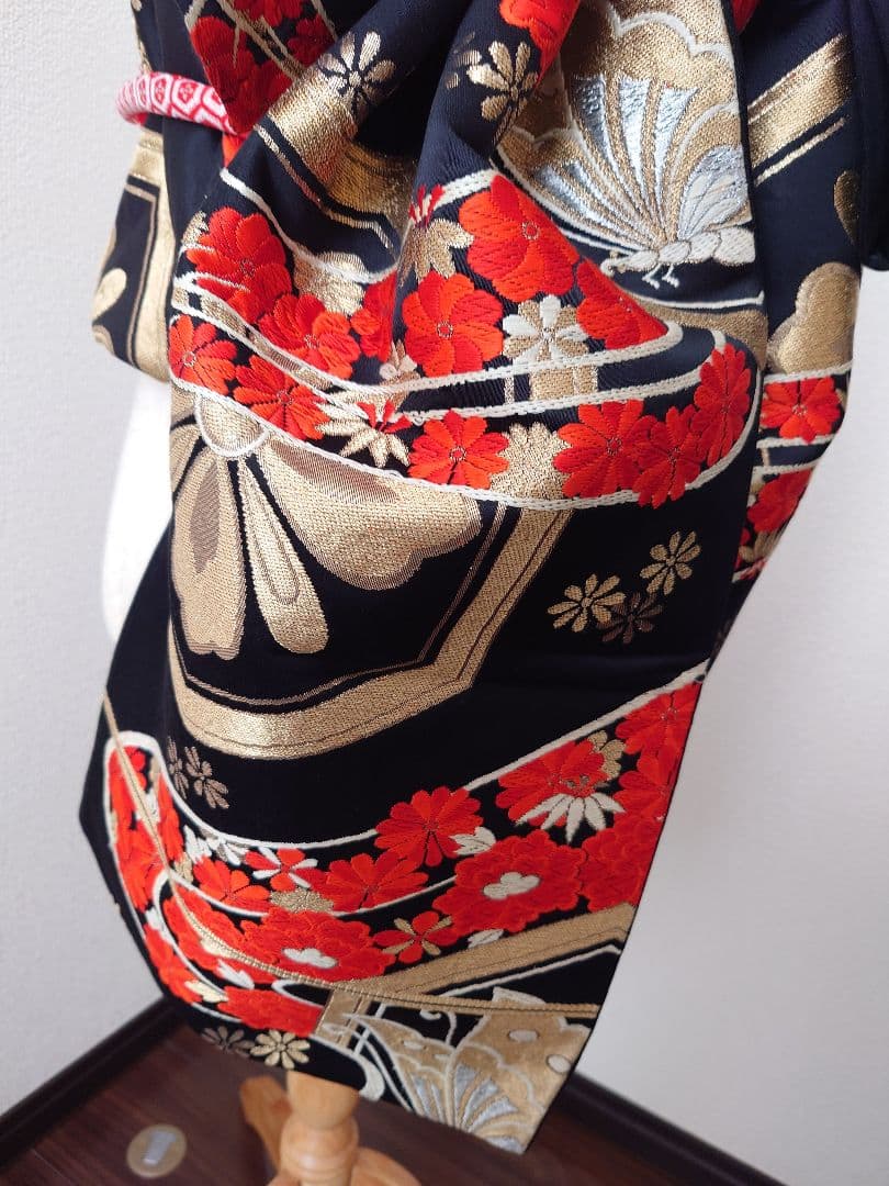 七五三　ジュニア帯　大人用正絹袋帯からの作り帯　1点物　だらり帯　蝶柄　黒