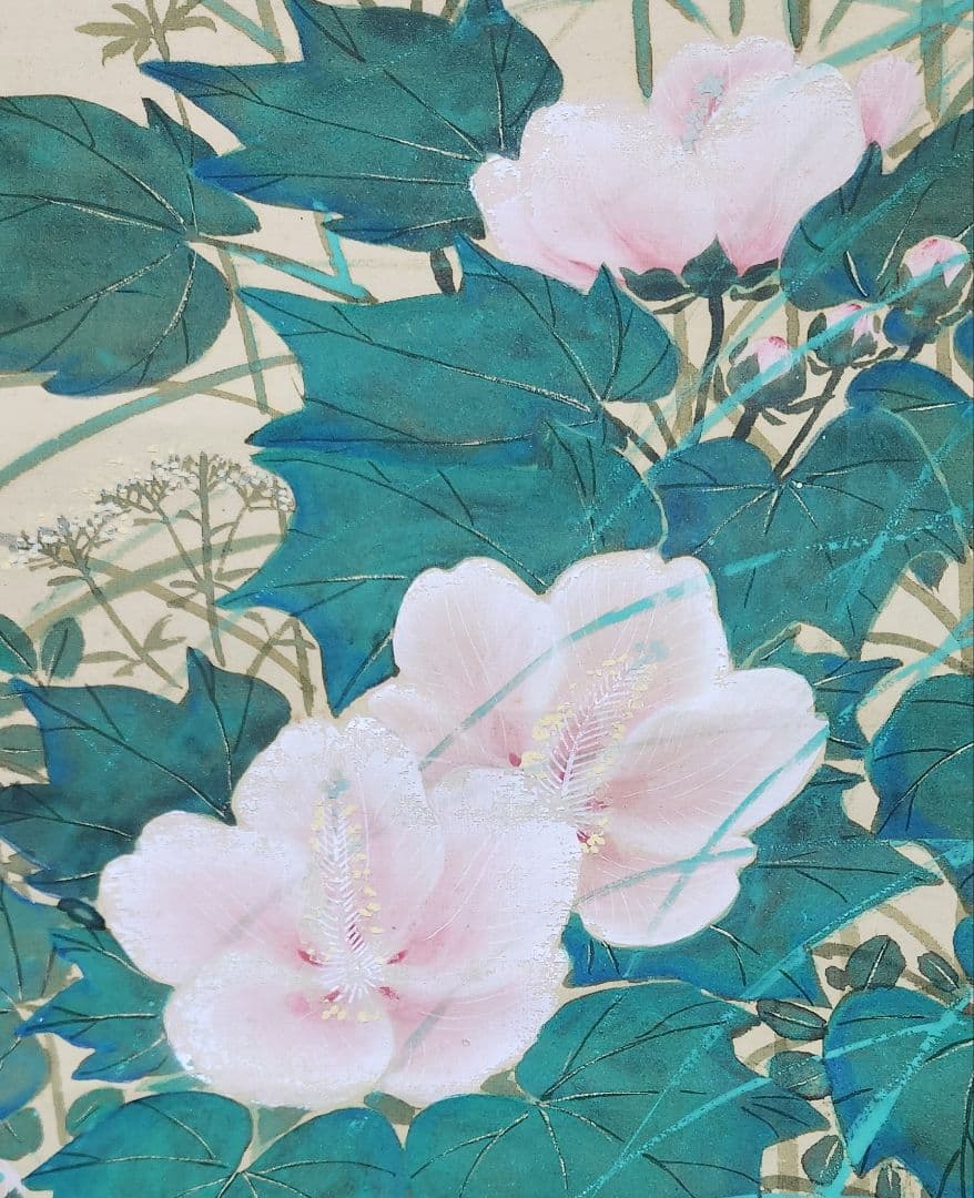 【芙蓉に鳥図】三尾呉石 2692 桔梗 女郎花 秋草 掛け軸 肉筆