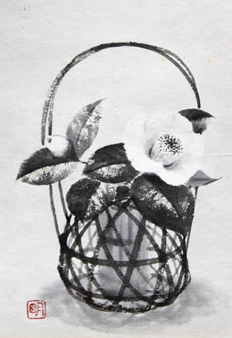 穐月明【籠の椿】 水墨画 4号