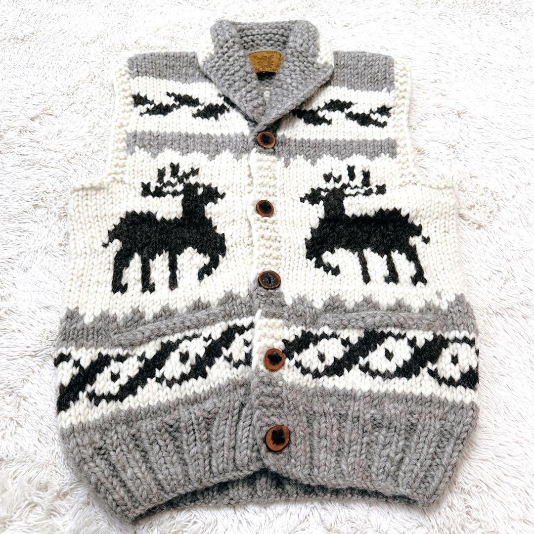 美品 希少 カナダ製 カウチンベスト メープルボタン トナカイ柄 XL相当