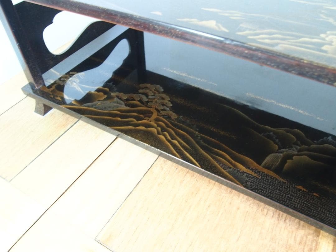 【骨董・時代の美品】大名道具 二段平卓 山水蒔絵 香炉台/盆栽台/飾り台/花台