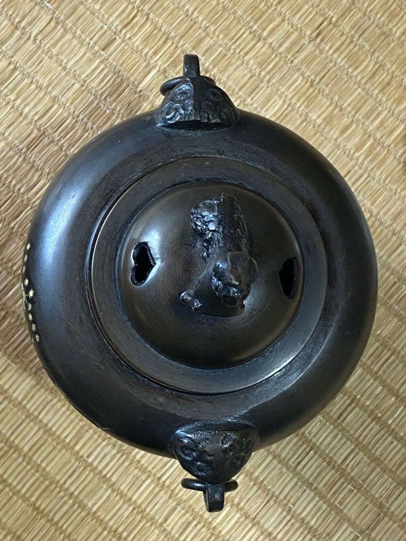 ♦獅子飾り 自在遊環 三足香炉 高岡銅器 銅製 唐金 香道具 置物 飾り 骨董品