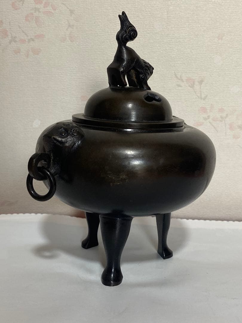 ♦獅子飾り 自在遊環 三足香炉 高岡銅器 銅製 唐金 香道具 置物 飾り 骨董品