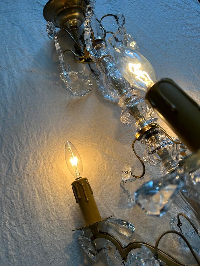 フランスアンティーク　シャンデリア　３灯　ガラスドロップ　シャビー　店舗什器