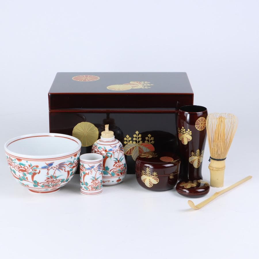 Y3104-2 高台寺蒔絵 茶箱セット 赤絵茶碗 棗 他 紙箱付　BBB