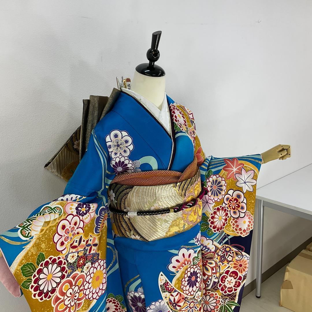 お振袖フルセット　7点セット　トールサイズ　青　本格現代古典　正絹　美品