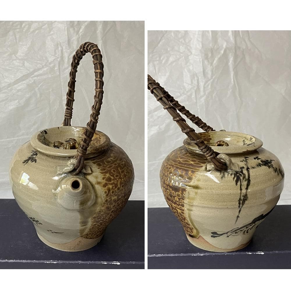 p015 古高取 急須 宝珠 魚 画 霊芝 摘み 茶道具