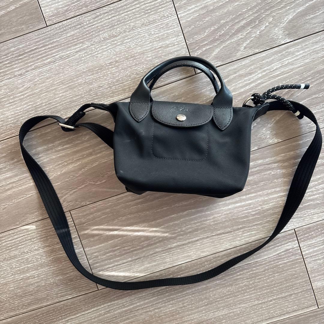 ロンシャン　ブラック ナイロン レザー ショルダーバッグ　Longchamp